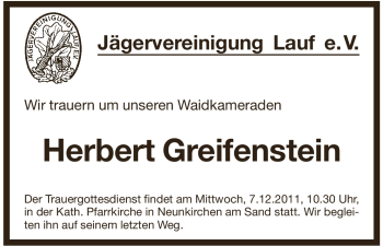 Traueranzeige von Herbert Greifenstein von Pegnitz-Zeitung